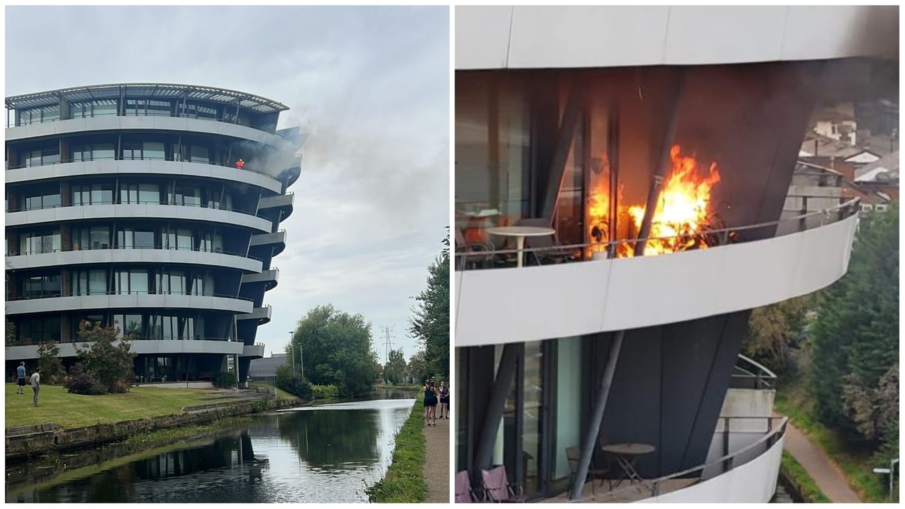 Firefighters tackle blaze on sixth-floor balcony of Budenberg development in Altrincham