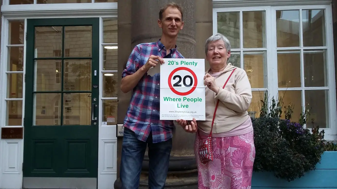 Dan Jerrome launches the 20's Plenty for Us campaign in Altrincham