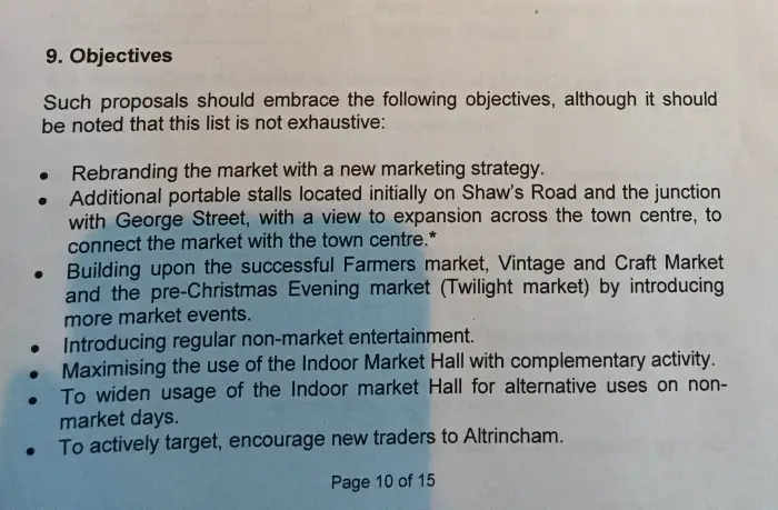 Part of the legal document agreed between Market Operations and Trafford Council in 2013, referencing 