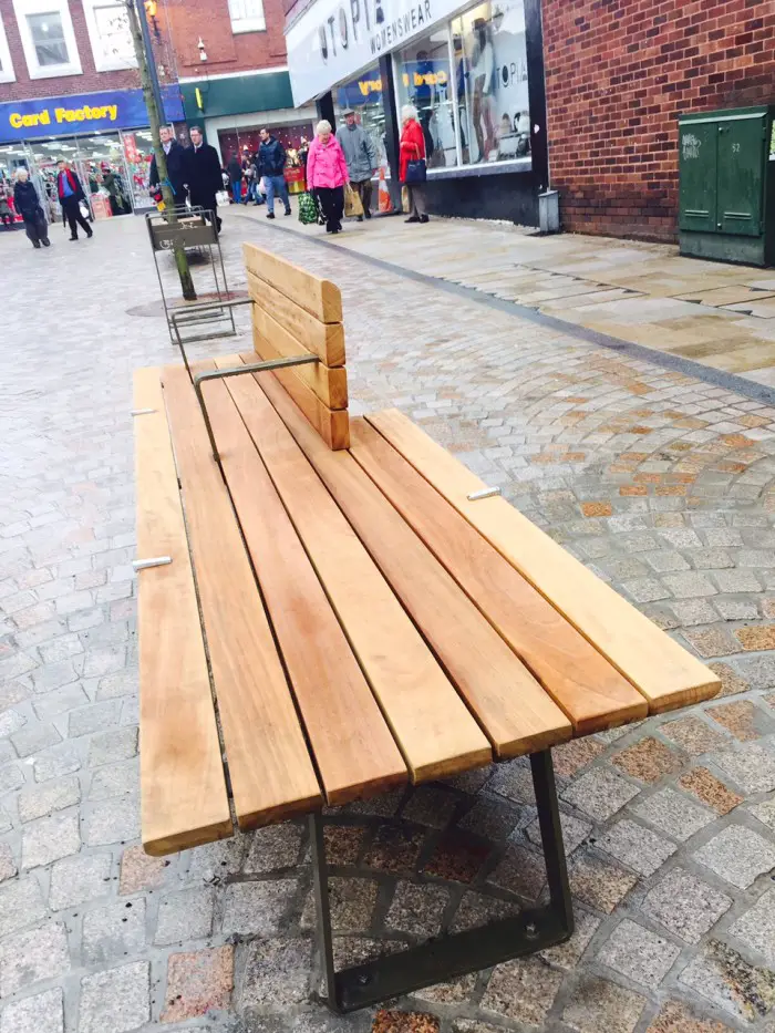 The new paving and one of the new benches on Cross Street