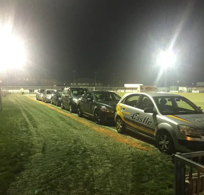 The cars warming the frozen pitch at Bonor (picture: Karen Rowley)