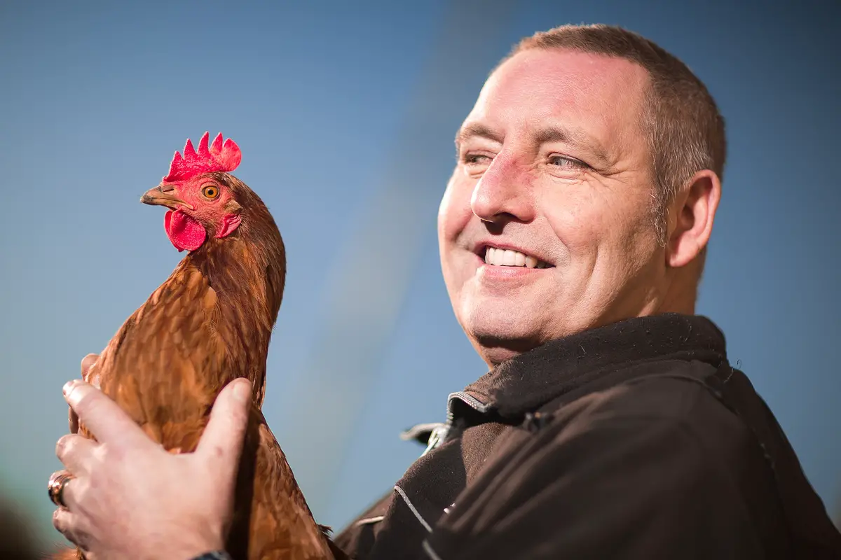 Dave Beresford, maintenance man at the Timperley care home, with one of the hens