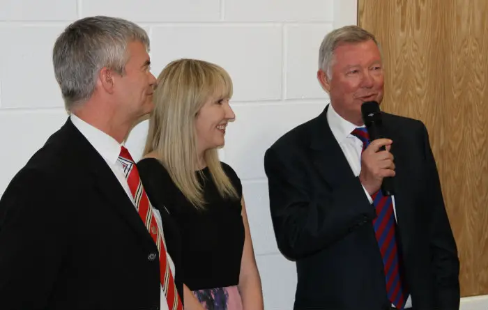 Chairman Grahame Rowley (left) with Sir Alex Ferguson at the opening of the Altrincham FC Community Sports Hall last year