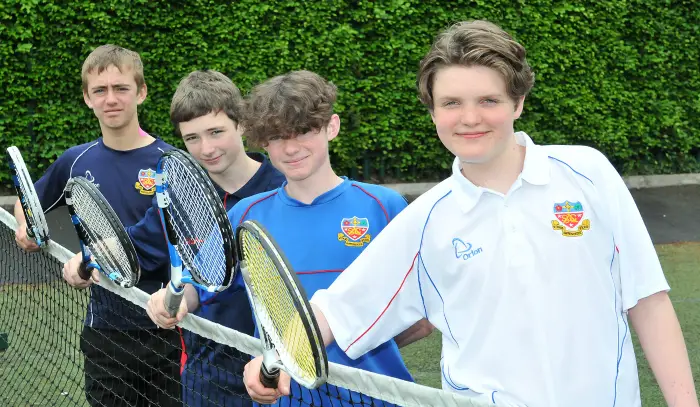 Pictured from the front are Jasper Kearns, 15, from Knutsford, who plays at Timperley Tennis club, John Shellien, 15, from Handforth, James McDaid, 14, from Heald Green, and the team's number one Peter Alam, who is ranked third in the UK and plays out of Bolton