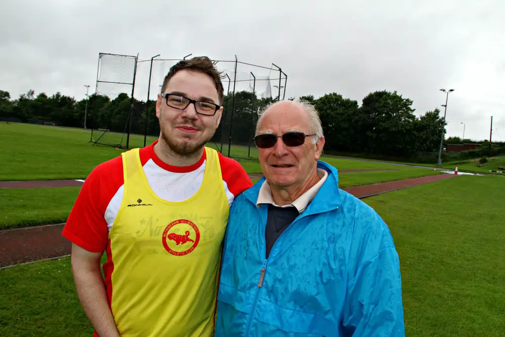 Sam Clarke (left) with Altrincham Athletics Club coach John Snape
