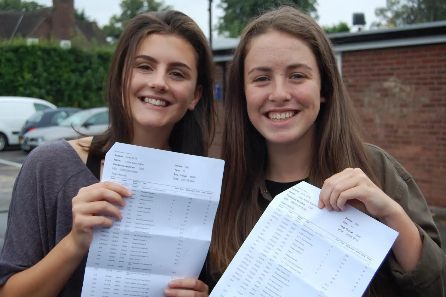 Chloe Addis (left) and Leah Robinson celebrate at the school this morning