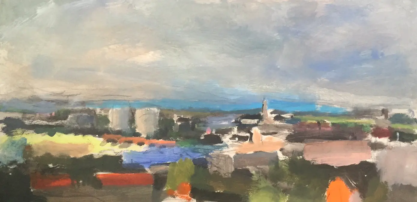 One of Mood's paintings of the Manchester skyline