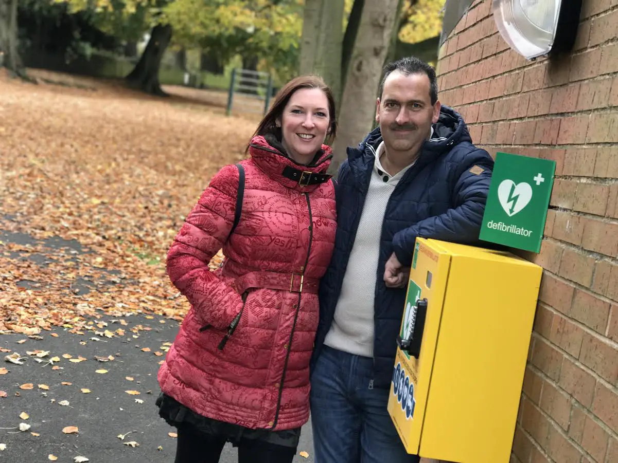 Connie and Ian with the defibrillator that has been loaned to the park