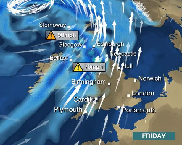 A BBC map showing the expected wind speeds on Friday