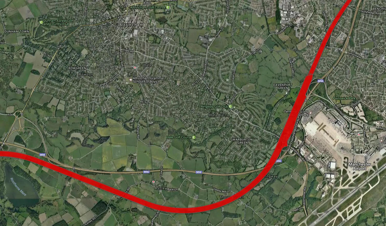 A map showing the proposed route of HS2 through the Altrincham area