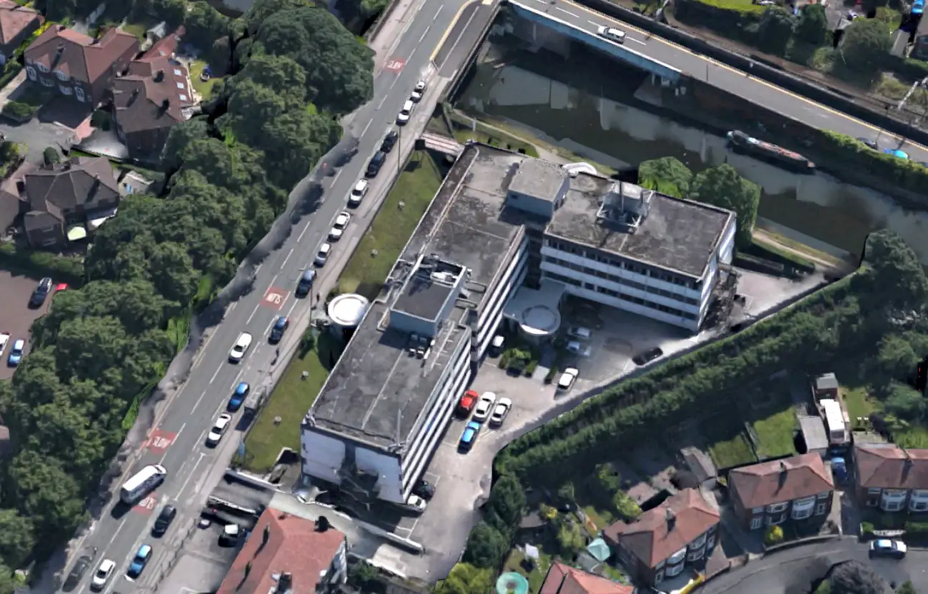 An aerial view of Nelson House, which borders the Bridgewater Canal